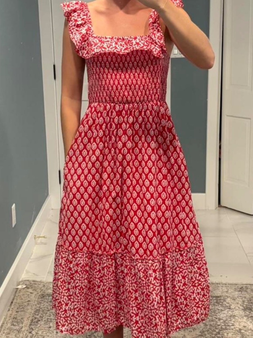 Red Smocked Midi Dress with Ruffle Straps